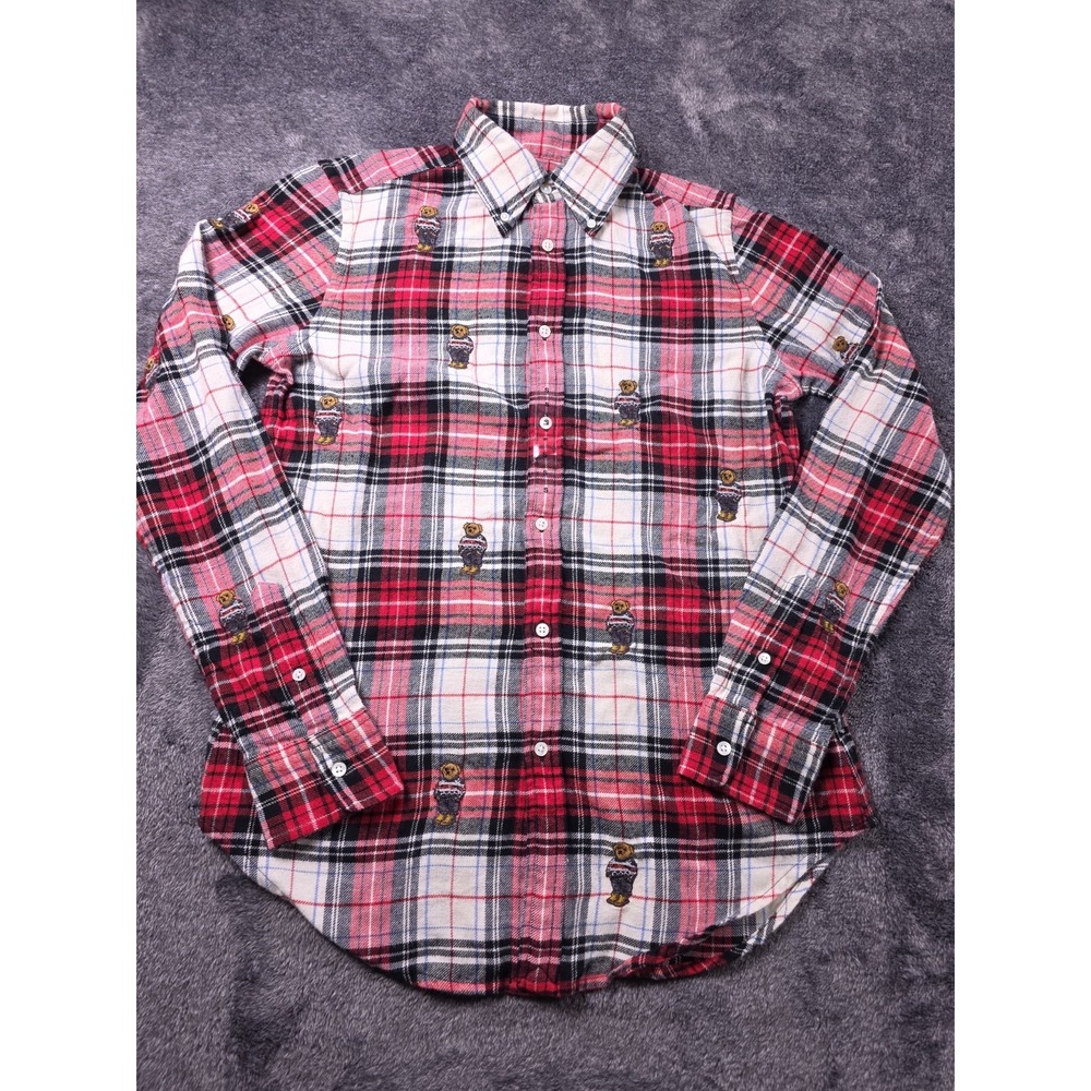 Ralph Lauren Polo Bear All Over Print Flannel Womens‎ S Red Plaid Lumber Cabin